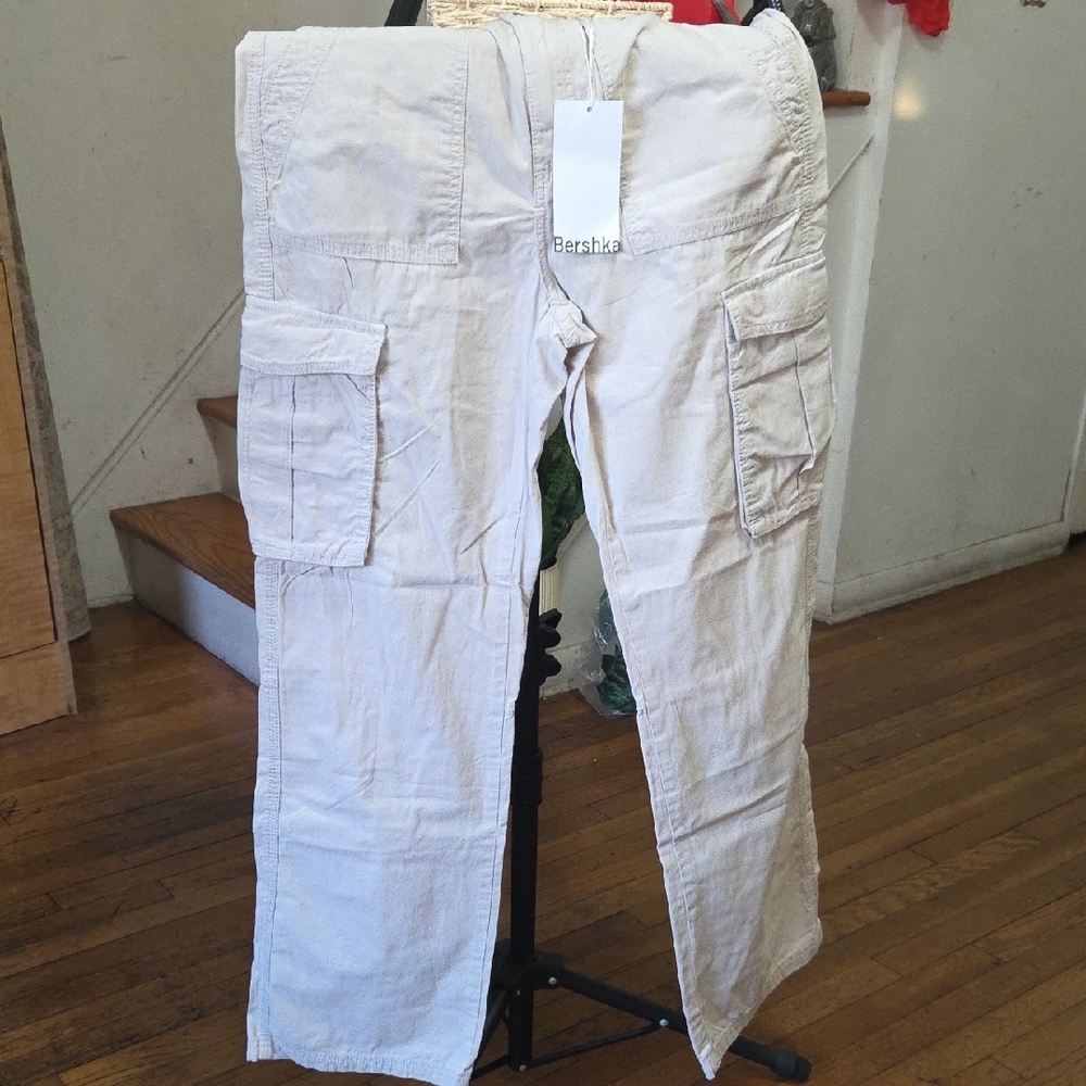 Bershka Beige Cargo Pants with Utility Pockets
